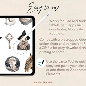 Pu&ograve; includere: Un'illustrazione digitale di una strega con un cappello nero e un viso bianco, una chiave, un gatto, un gufo e un cristallo. L'immagine &egrave; sullo schermo di un tablet con uno stilo accanto. Il testo "Easy to use" &egrave; nella parte superiore dell'immagine. Il testo "Funziona con tablet iPad e Android, con app come Goodnotes, Notability, Penly, Xodo ecc." &egrave; sul lato destro dell'immagine. Il testo "Include un foglio di adesivi Goodnotes pretagliato e PNG trasparente in un file ZIP per un facile download e stampa a casa." &egrave; sul lato destro dell'immagine. Il testo "Usa lo strumento Lasso per copiare e incollare rapidamente i tuoi adesivi, o aggiungili agli elementi di Goodnotes" &egrave; sul lato destro dell'immagine. Il testo "Planned Beautiful" &egrave; nella parte inferiore dell'immagine.