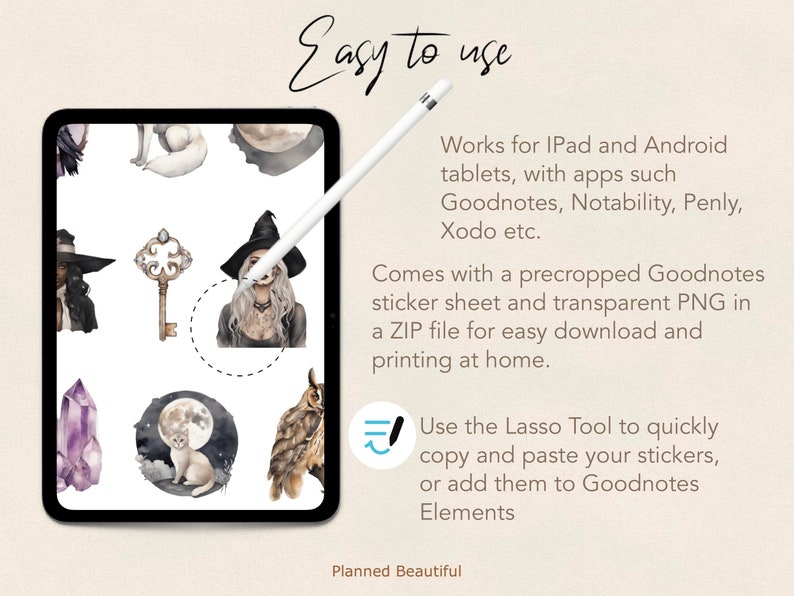 Pu&ograve; includere: Un'illustrazione digitale di una strega con un cappello nero e un viso bianco, una chiave, un gatto, un gufo e un cristallo. L'immagine &egrave; sullo schermo di un tablet con uno stilo accanto. Il testo "Easy to use" &egrave; nella parte superiore dell'immagine. Il testo "Funziona con tablet iPad e Android, con app come Goodnotes, Notability, Penly, Xodo ecc." &egrave; sul lato destro dell'immagine. Il testo "Include un foglio di adesivi Goodnotes pretagliato e PNG trasparente in un file ZIP per un facile download e stampa a casa." &egrave; sul lato destro dell'immagine. Il testo "Usa lo strumento Lasso per copiare e incollare rapidamente i tuoi adesivi, o aggiungili agli elementi di Goodnotes" &egrave; sul lato destro dell'immagine. Il testo "Planned Beautiful" &egrave; nella parte inferiore dell'immagine.