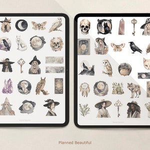 Pu&ograve; includere: Due planner digitali con illustrazioni ad acquerello di streghe, gufi, lupi, lune, cristalli e altri elementi mistici. I planner sono etichettati "Planned Beautiful".