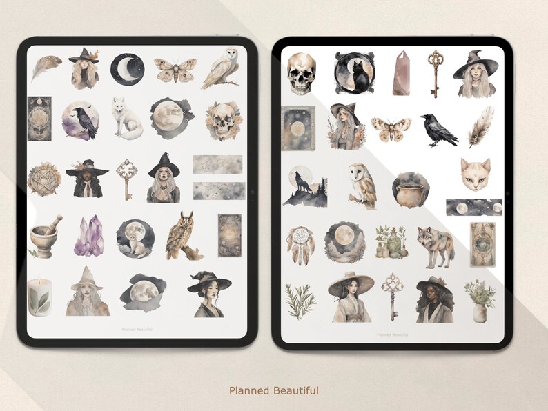 Pu&ograve; includere: Due planner digitali con illustrazioni ad acquerello di streghe, gufi, lupi, lune, cristalli e altri elementi mistici. I planner sono etichettati "Planned Beautiful".
