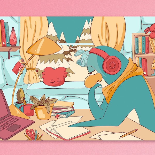 Lámina artística de pingüino Lofi – Ilustración inspirada en Club Penguin