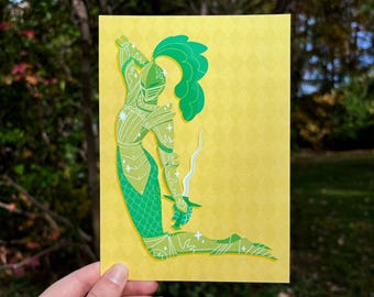 Green Pin-Up Knight Art Print - 5x7 illustration