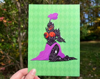 Puede incluir: Una ilustración en negro y morado de un caballero con armadura, corona y capa morada. El caballero está arrodillado con las manos juntas frente a él. El fondo es un patrón de diamantes verdes y blancos.