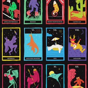 May include: A set of 12 illustrated cards featuring various mythical creatures and cryptids. Each card has a black background with a colorful border and a white number and name. The cards are numbered from I to XII. The creatures depicted include the Loveland Frogman, Bigfoot, Fresno Nightcrawler, Cactus Cat, Mothman, Loch Ness Monster, Yeti, Jackalope, Jersey Devil, King Otter, Flying Ray, and Lava Bear.