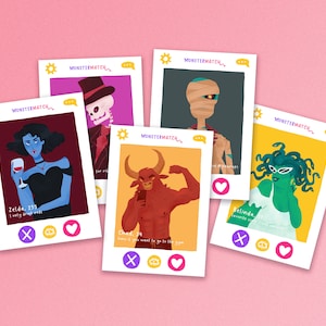 Monster Match 5 Print Bundle - monster dating app mini illustration set