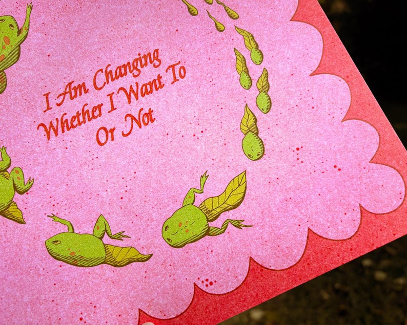May include: Pink card with a scalloped edge featuring green frog illustrations and the text "I Am Changing Whether I Want To Or Not" in red. The card has a speckled texture.