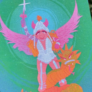 May include: A whimsical illustration features a pig-like character in armor, holding a sword, with pink wings and a dragon. The artwork is set against a green background with a swirling pattern. The character has orange hair and is wearing a helmet.
