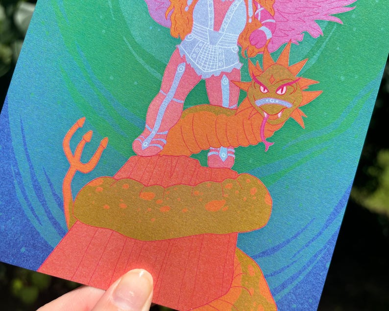 May include: A colorful illustration featuring a figure with wings and armor standing on a serpent-like creature. The artwork uses shades of orange, pink, blue, and green. A trident is visible in the lower left corner. The style is reminiscent of fantasy art.