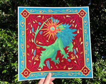 Sun Devourer - Medieval Tapestry Style Alchemical Green Lion Devouring the Sun Art Print