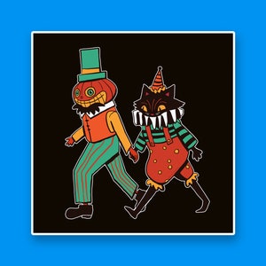 May include: A black and orange pumpkin-headed character and a black cat with a red and white striped collar walk side-by-side. Both characters are wearing clown costumes.