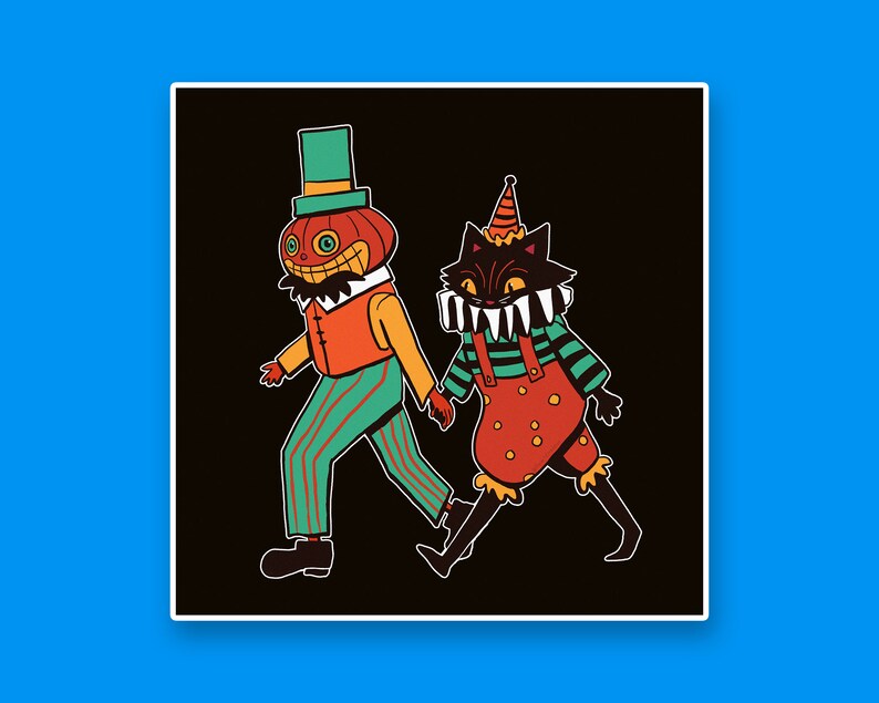 May include: A black and orange pumpkin-headed character and a black cat with a red and white striped collar walk side-by-side. Both characters are wearing clown costumes.