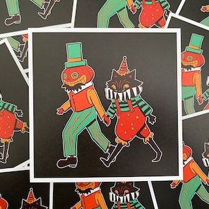 May include: A black and white illustration of a pumpkin and a cat dressed in costumes. The pumpkin is wearing a green hat and a red and white striped shirt. The cat is wearing a red and white striped shirt and a black and white striped hat. The background is black.