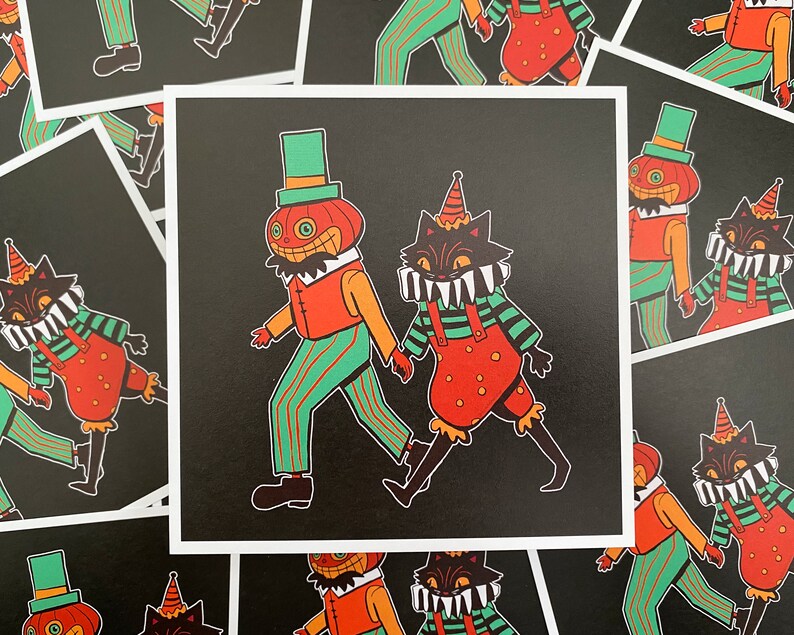 May include: A black and white illustration of a pumpkin and a cat dressed in costumes. The pumpkin is wearing a green hat and a red and white striped shirt. The cat is wearing a red and white striped shirt and a black and white striped hat. The background is black.