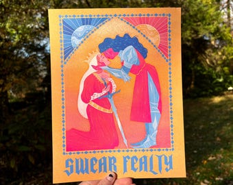 May include: An art print with a medieval theme. It features two figures in royal attire, one kneeling and the other standing, in a kiss. The print has a yellow background with blue and pink accents, and the words "SWEAR FEALTY" are at the bottom.