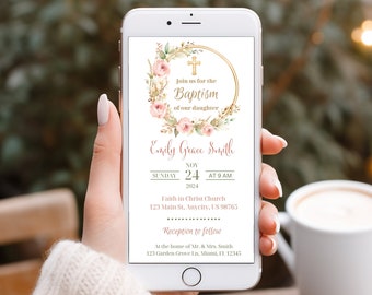 Invitación digital de bautismo Evite, invitaciones de texto, plantilla electrónica, descarga instantánea para teléfono inteligente, tema de marco floral rosa
