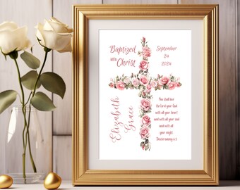Bautizo de niña imprimible digitalmente, personalizable en Canva, plantilla personalizada, archivo descargable editable, clipart floral con cruz de rosas, arte mural para guardería.