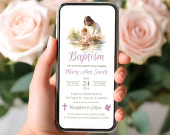 Invitación digital de bautismo Evite, invitaciones de texto, plantilla electrónica, descarga instantánea electrónica para teléfono inteligente, tema de Jesús y el niño