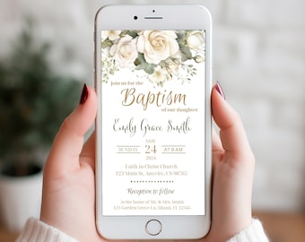 Invitación digital de bautismo Evite, invitaciones de texto, plantilla electrónica, descarga instantánea para teléfono inteligente, tema de rosas blancas