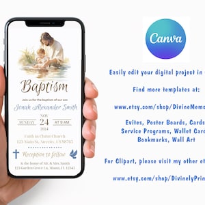 Puede incluir: Una invitaci&oacute;n digital para un bautizo con una ilustraci&oacute;n de acuarela de un beb&eacute; siendo bautizado por Jes&uacute;s. La invitaci&oacute;n incluye el nombre Jonah Alexander Smith, la fecha y la hora del bautizo, y la ubicaci&oacute;n de la iglesia y la recepci&oacute;n.