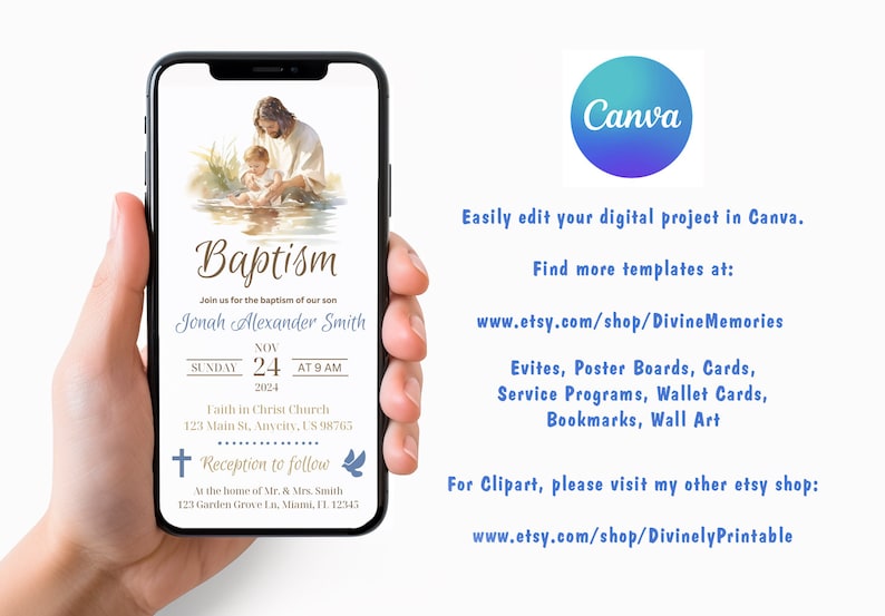 Puede incluir: Una invitaci&oacute;n digital para un bautizo con una ilustraci&oacute;n de acuarela de un beb&eacute; siendo bautizado por Jes&uacute;s. La invitaci&oacute;n incluye el nombre Jonah Alexander Smith, la fecha y la hora del bautizo, y la ubicaci&oacute;n de la iglesia y la recepci&oacute;n.