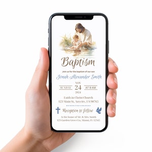 Puede incluir: Una invitaci&oacute;n de bautismo azul y blanca con una ilustraci&oacute;n de acuarela de un hombre bautizando a un beb&eacute;. La invitaci&oacute;n incluye el texto "Baptism", "Join us for the baptism of our son", "Jonah Alexander Smith", "Sunday, November 24, 2024 at 9 AM", "Faith in Christ Church", "123 Main St, Anycity, US 98765", "Reception to follow", "At the home of Mr. & Mrs. Smith", "123 Garden Grove Ln, Miami, FL 12345".