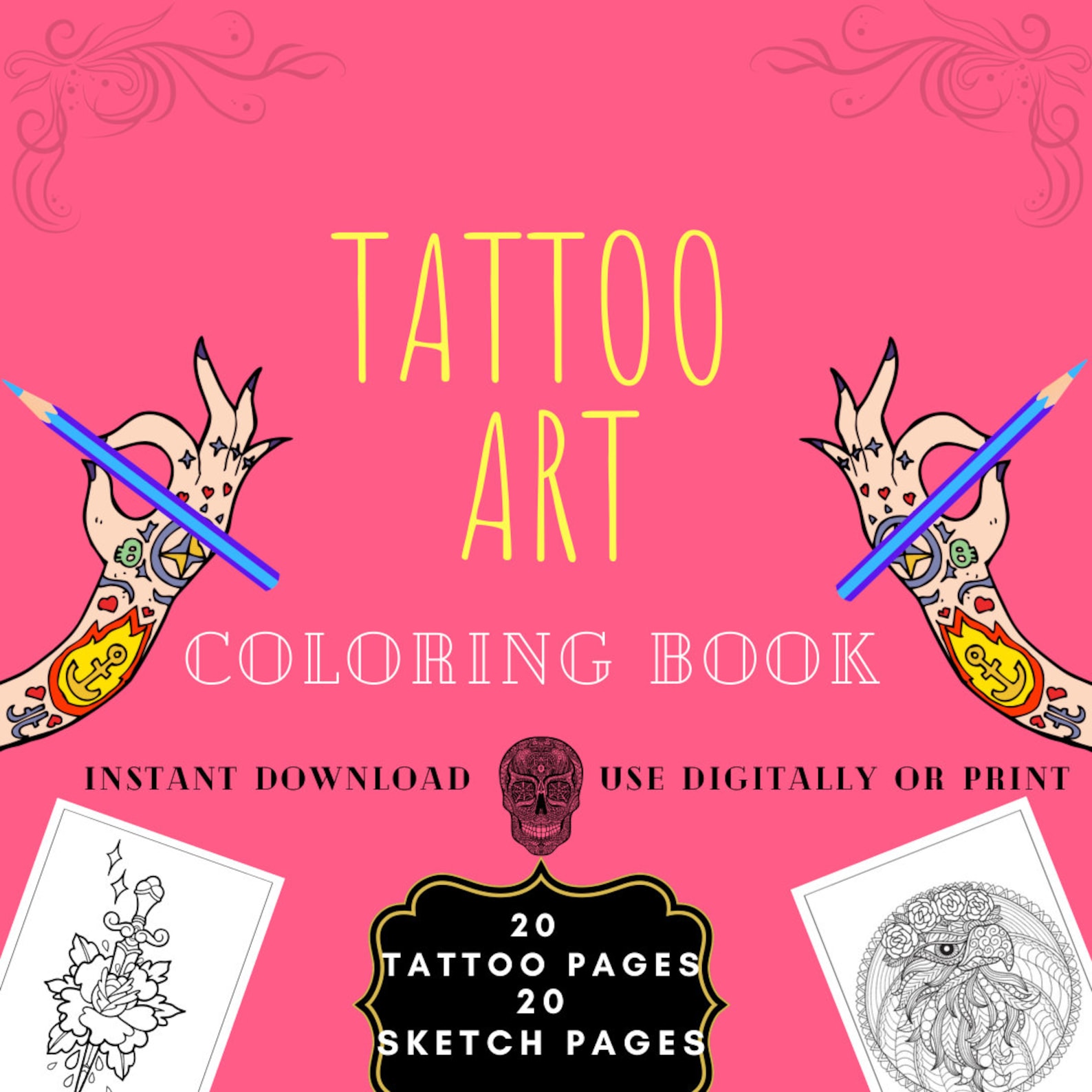 Tattoo Art Coloring Book Digital Instant Download Coloring Pages E-book - Etsy