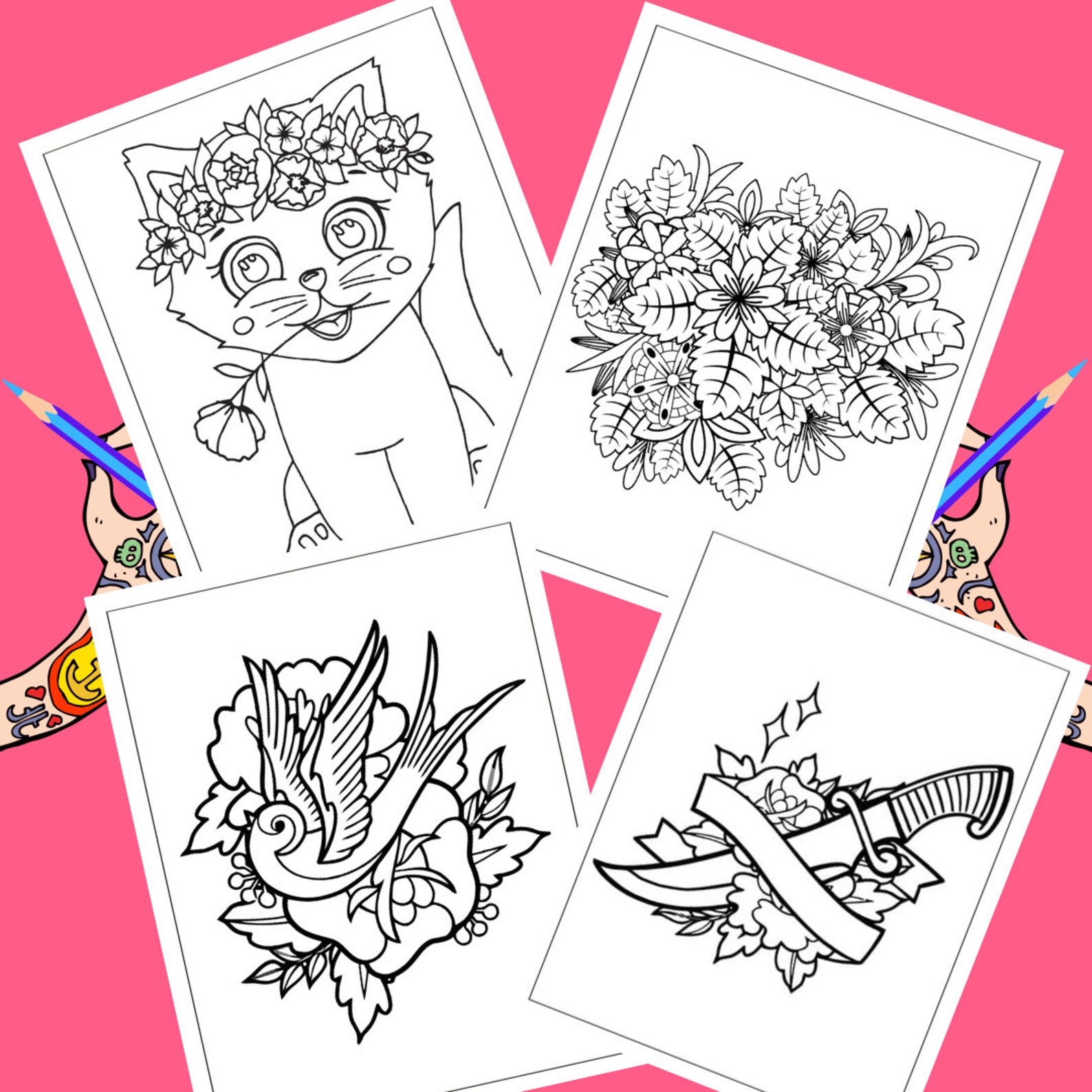 Tattoo Art Coloring Book Digital Instant Download Coloring Pages
