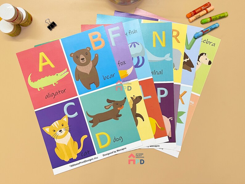 Large Preschool Printable Flashcards Cute Colourful Abc Animal Etsy