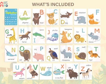 Big Preschool Printable Flashcards Animal ABC Cards Alphabet Montessori Learning Activity Cute Flash Card Uppercase PDF Download