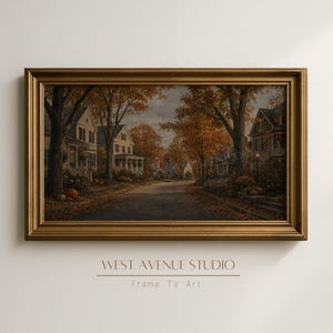 Cozy Autumn Home Town Frame TV Art, Moody Fall Street Scene, Warm Vintage Village Landscape, Seasonal TV Decor