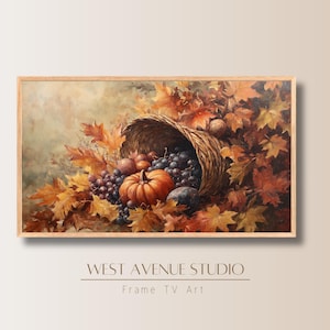 May include: A painting of a cornucopia overflowing with fall harvest bounty. The cornucopia is filled with grapes, pumpkins, and other fruits and vegetables. The cornucopia is surrounded by autumn leaves in shades of brown, orange, and yellow.