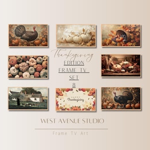 May include: A set of eight Thanksgiving-themed framed prints featuring images of turkeys, pumpkins, and fall foliage. The prints are arranged in a grid pattern and have a rustic, vintage aesthetic.