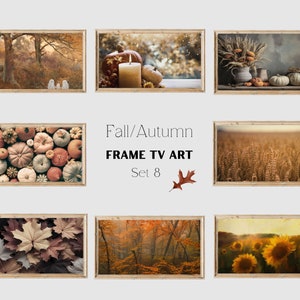 May include: Set of eight framed fall-themed prints featuring images of pumpkins, sunflowers, wheat fields, and autumn leaves. The prints are in a rustic style with wooden frames.