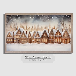 Peut inclure: Une peinture numérique d'un village d'hiver enneigé avec des maisons en pain d'épices. Les maisons sont décorées de lumières et de neige. Le ciel est d'un bleu doux avec de la neige qui tombe. Le texte "West Avenue Studio Frame TV Art" est en bas de l'image.