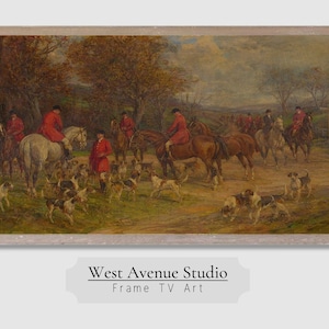 Peut inclure: Une peinture à l'huile vintage représentant un groupe de cavaliers en redingotes rouges et chapeaux noirs à cheval, accompagnés d'une meute de chiens, dans un paysage boisé. La peinture est encadrée dans un cadre simple en bois clair.