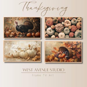 May include: A set of four Thanksgiving-themed prints featuring a turkey, pumpkins, and a cornucopia filled with fruit. The prints are framed in a rustic wood frame and have a vintage feel.