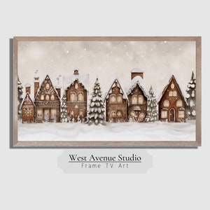 Peut inclure: Une peinture numérique représentant une rangée de maisons en pain d'épices dans un paysage d'hiver enneigé. Les maisons sont décorées de glaçage et de bonbons, et la neige tombe doucement. Le texte "West Avenue Studio Frame TV Art" est en bas de l'image.