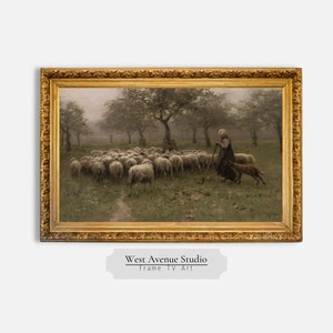 Pode incluir: Uma pintura a óleo emoldurada que retrata uma pastora com um rebanho de ovelhas em um campo nebuloso. A pastora está vestindo um vestido longo e escuro e segurando um cajado. As ovelhas são brancas e estão reunidas em um grupo. A pintura é ambientada em uma paisagem com árvores ao fundo.