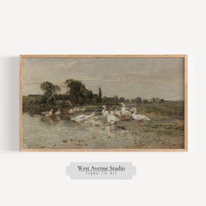 Samsung Frame TV Art Spring Geese on the Farm Vintage Landscape Oil Painting,Summer Artwork, Oil Painting Instant Download For TV Art,#315TV