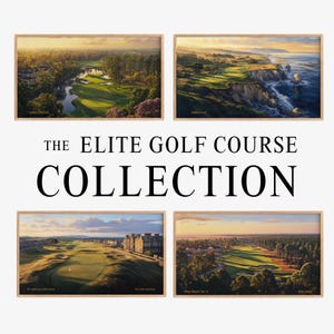 May include: A collage of four framed images showcasing famous golf courses. The images feature aerial views of the courses, with lush green fairways, manicured lawns, and scenic landscapes. The text "THE ELITE GOLF COURSE COLLECTION" is displayed in bold letters below the images.