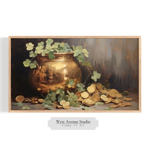 May include: A painting of a gold pot overflowing with gold coins and green shamrocks. The pot is sitting on a brown surface with a dark background.