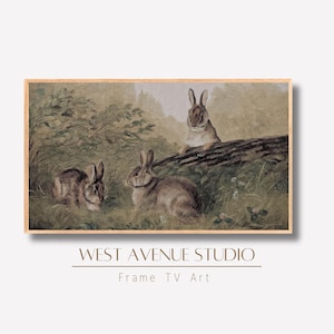 Samsung Frame TV Art Vintage konijn schilderij antieke boerderij kunst konijn op een log lente Instant Download TV Art Easter Bunny Tv Art