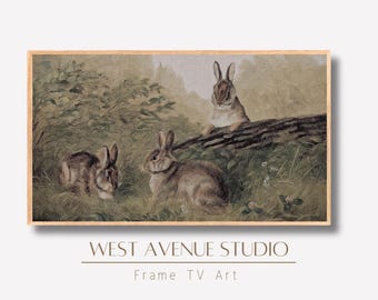 Vintage Rabbit Painting for Samsung Frame TV: Farmhouse Easter Art (Digital Download)