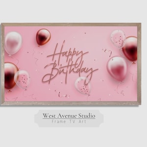 Peut inclure: Impression d'art numérique encadrée avec un fond rose et l'inscription "Happy Birthday" en écriture cursive élégante. Le design présente des ballons rose doré et roses métalliques, des confettis et des serpentins. Le cadre est de couleur bois clair.