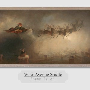 Puede incluir: Una pintura vintage que representa a un hombre con un sombrero rojo montando un trineo tirado por renos que vuelan sobre el horizonte de una ciudad. La pintura está enmarcada en un marco de madera claro.