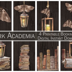 Dark Academia druckbare Lesezeichen Set. Aquarell Motten, Kerzen & Bücher Kunst. Sofortiger digitaler Download. PDF oder JPG US Letter oder A4 Papiergröße