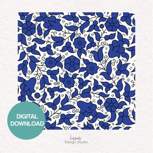 May include: A seamless pattern featuring blue and black floral designs on a white background. The pattern is reminiscent of traditional Turkish or Persian tilework.