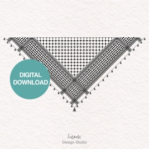 May include: A black and white patterned keffiyeh with gray trim and tassels. The keffiyeh is a traditional head covering worn in the Middle East. The image includes the text "DIGITAL DOWNLOAD".