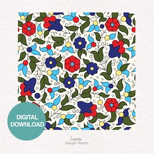 Puede incluir: Un patrón sin costuras con un diseño repetitivo de flores estilizadas en tonos de rojo, azul, amarillo y verde sobre un fondo blanco.