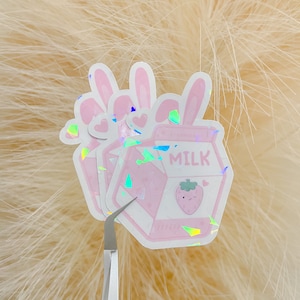 Erdbeermilch Häschen Aufkleber - Niedlicher Aufkleber - Holographischer Aufkleber - Kawaii Aufkleber - Planer - Laptop Aufkleber - Schreibwaren